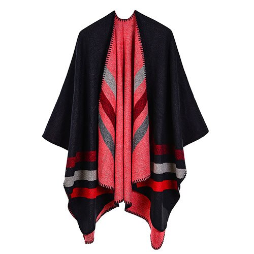 women striped print reversible thicker blanket poncho cape