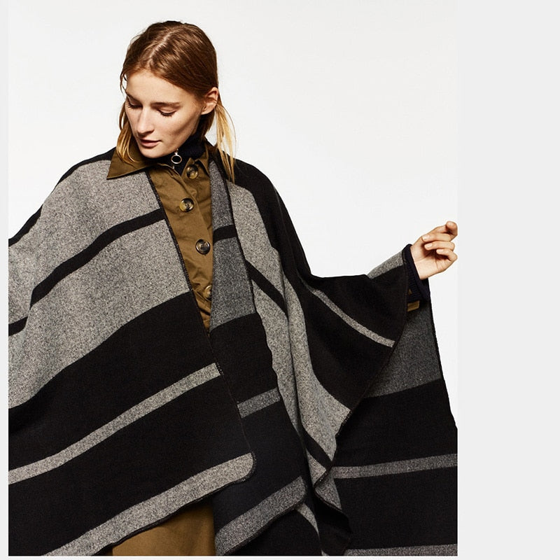 patchwork striped poncho women winter thick warm cape shawl wrap