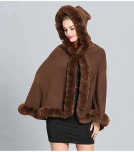 Plus Size Women Winter Soft Fur Collar Loose Poncho Capes