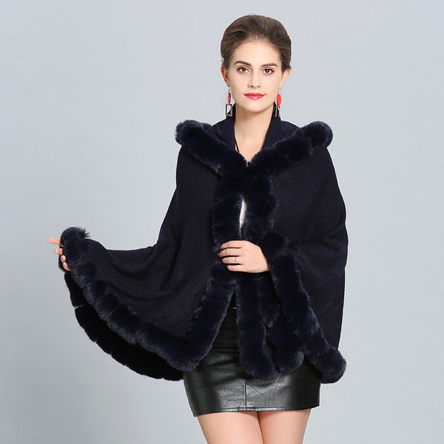 Plus Size Women Winter Soft Fur Collar Loose Poncho Capes