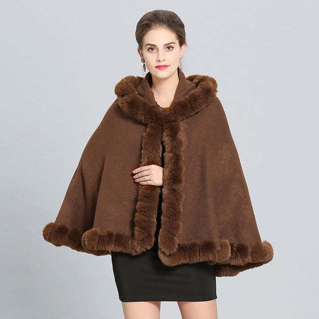Plus Size Women Winter Soft Fur Collar Loose Poncho Capes
