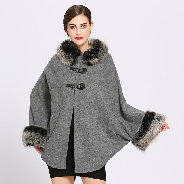 Women Faux Rabbit Fur Collar Cardigan Winter Warm Thick Long Batwing Sleeves Poncho Plus Size Ladies Hairy Coat