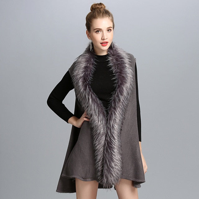 Fashion Shawl Solid Color Faux Fox Fur Knitted Vest Women Faux Fur Collar Cardigan Poncho Cape Sleeveless Sweater
