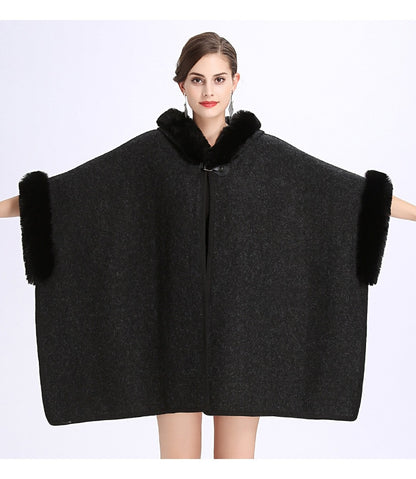 Winter Warm Plus Size Fashion Two Used Poncho Faux Shawl Women Cardigan Coat With Hat