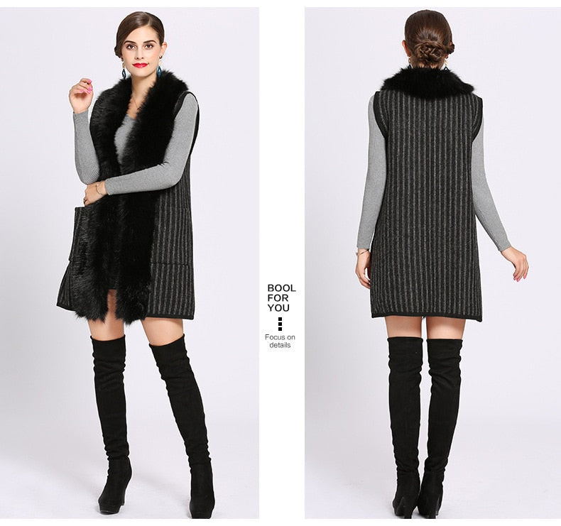 Oversize Coat Women Striped Designer Casual Vest Female Sleeveless Garment Knitted Cardigan Winter Faux Fur Neck Poncho