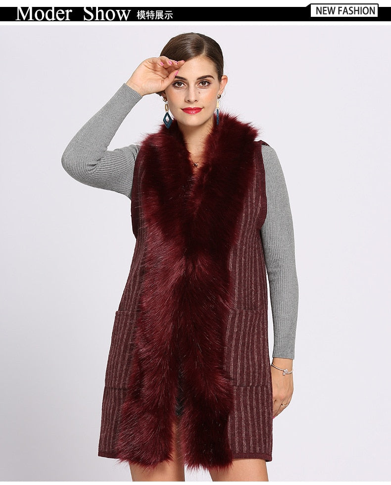 Oversize Coat Women Striped Designer Casual Vest Female Sleeveless Garment Knitted Cardigan Winter Faux Fur Neck Poncho