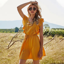 Load image into Gallery viewer, Spring Backless Hollow Out Solid Dress Women Casual Ruffles Lace Up High Waist Short Dress For Women Sweet Summer Dress
