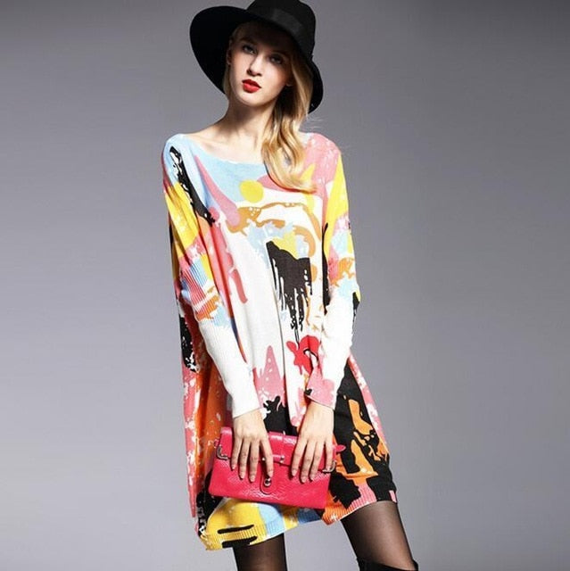 Autume Oversized Sweater Fashion Batwing Sleeve Baggy Abstract Face Printed Women's Pullovers Computer Knitted Sweater