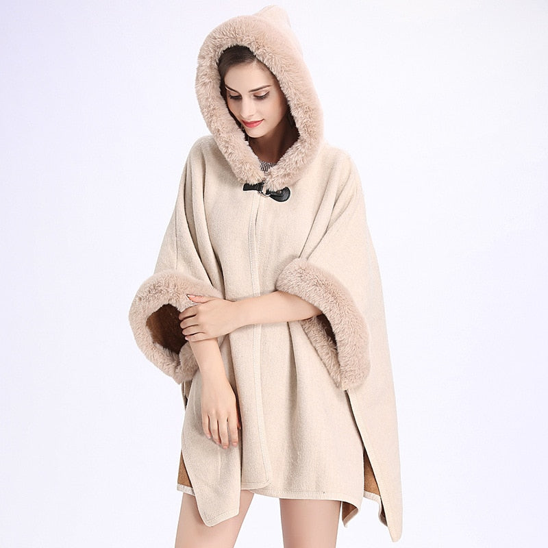 SC127 2018 Winter Warm Plus Size Fashion Two Used Poncho Faux Cashmere Shawl Women Imitation Rabbit Fur Cardigan Coat With Hat