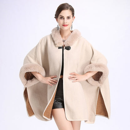 SC127 2018 Winter Warm Plus Size Fashion Two Used Poncho Faux Cashmere Shawl Women Imitation Rabbit Fur Cardigan Coat With Hat