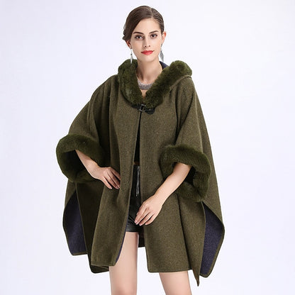 SC127 2018 Winter Warm Plus Size Fashion Two Used Poncho Faux Cashmere Shawl Women Imitation Rabbit Fur Cardigan Coat With Hat