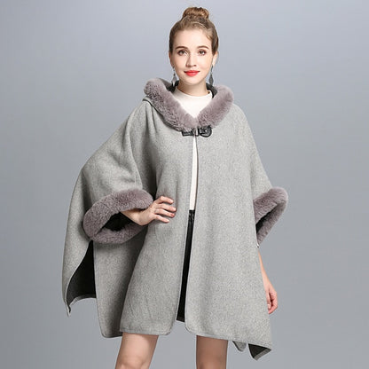 SC127 2018 Winter Warm Plus Size Fashion Two Used Poncho Faux Cashmere Shawl Women Imitation Rabbit Fur Cardigan Coat With Hat