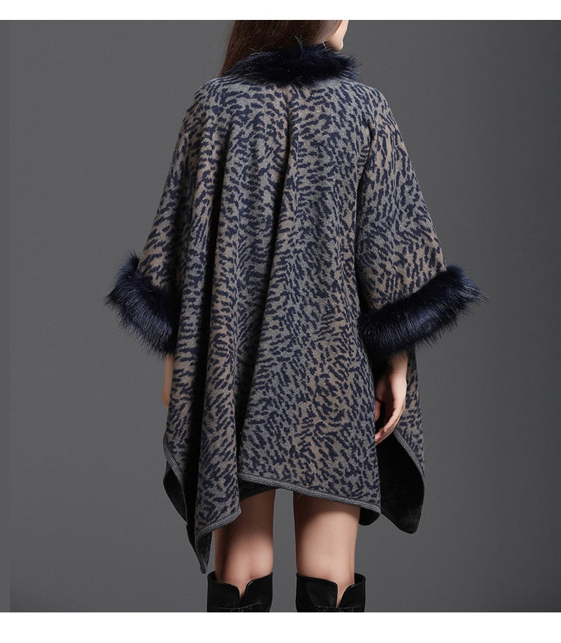 Winter Warm Plus Size Knitted Long Sleeves Leopard  Poncho