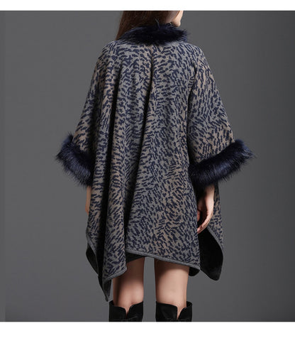 Winter Warm Plus Size Knitted Long Sleeves Leopard  Poncho
