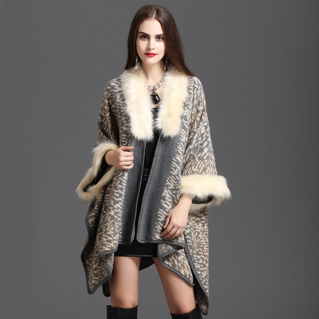 Winter Warm Plus Size Knitted Long Sleeves Leopard  Poncho