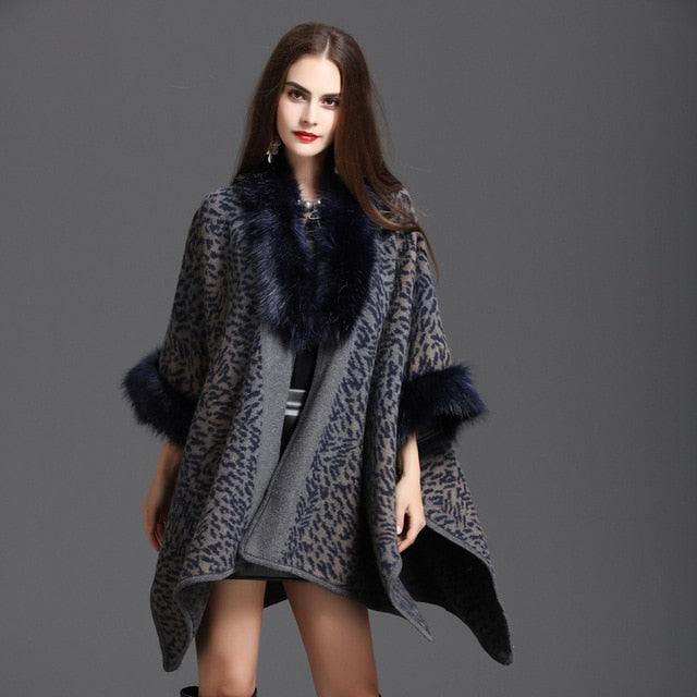 Winter Warm Plus Size Knitted Long Sleeves Leopard  Poncho