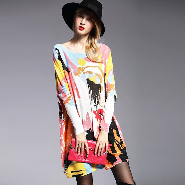 Fashion Women Oversized Sweaters Slash Neck Batwing Sleeve Loose Print Knitted Sweater Shirt Female Long Pullover Sweaters