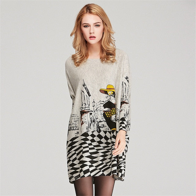 Free Size Autumn Women Long Sweaters Slash Neck Batwing Sleeve New Printed Pullovers Female Loose Casual Knitted Sweaters