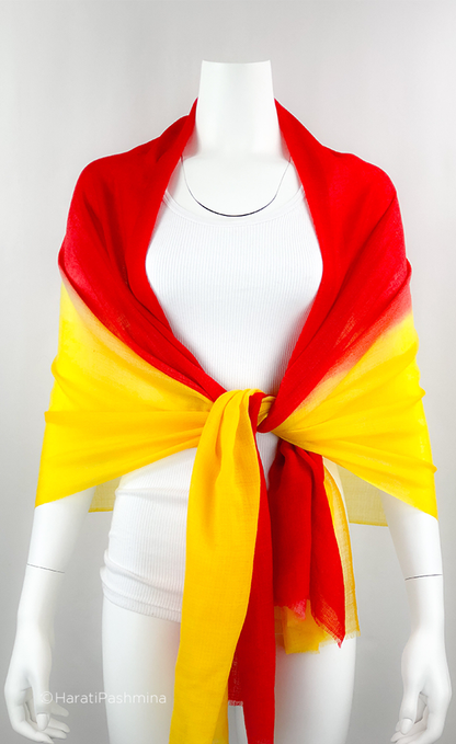 RED AND YELLOW HALF HALF WOVEN SHAWL FOR WOMEN